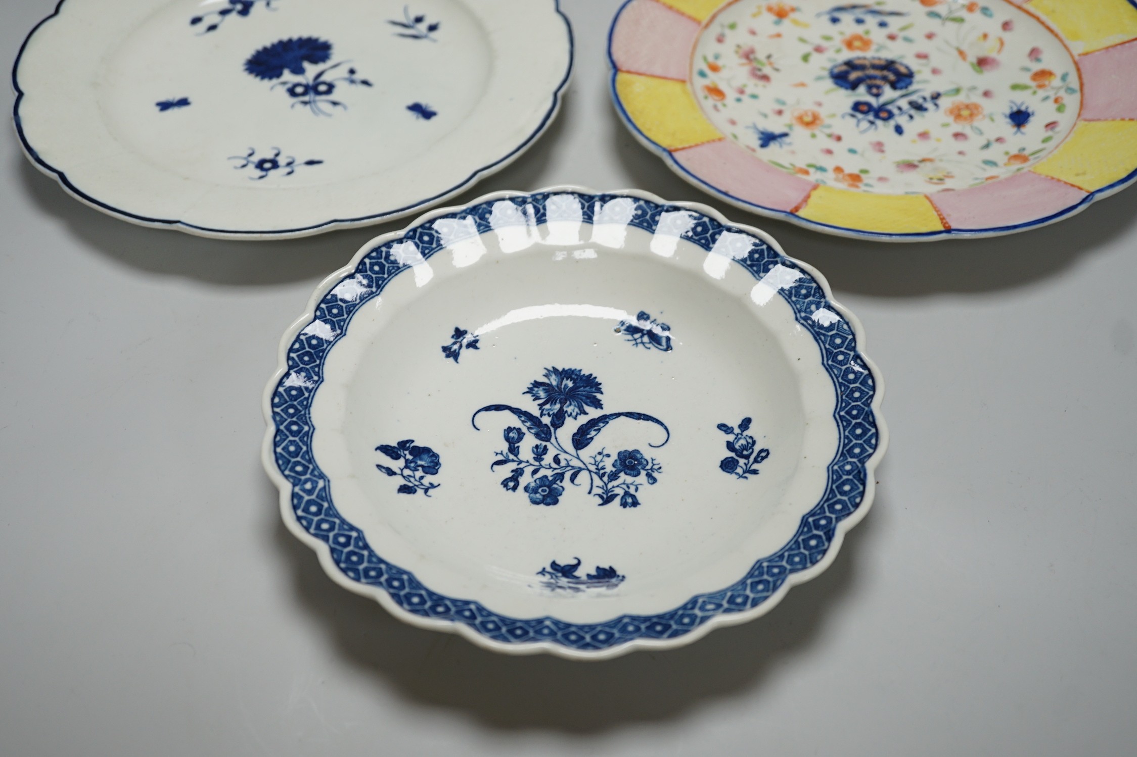 An 18th century Caughley plate printed with Gillyflower variation 5, 20.5cms diameter and two plates with the Carnation pattern, one with added polychrome decoration